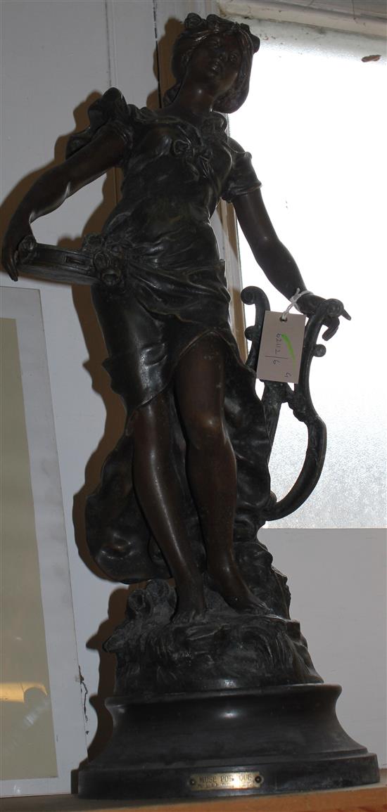 After L & F Moreau, a spelter figure of a maiden, Muse Poetique, on circular socle